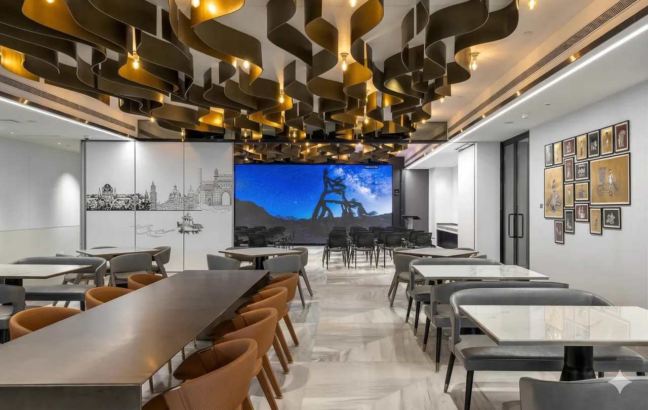 Collaboration hub with sculpted bronze ceiling and a large media wall