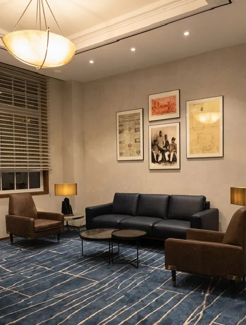 Sitting room with framed artwork, sofas and patterned carpet