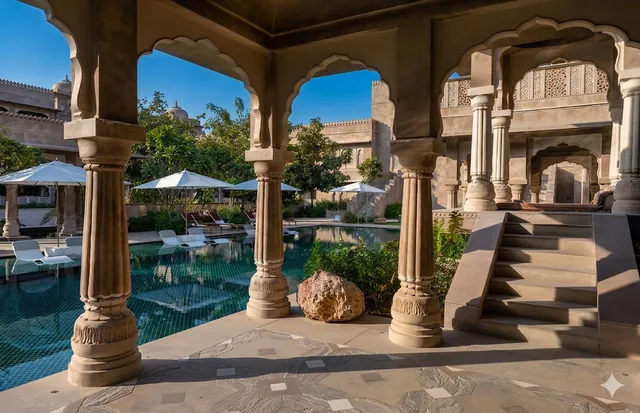 Carved stone arches overlooking a swimming pool