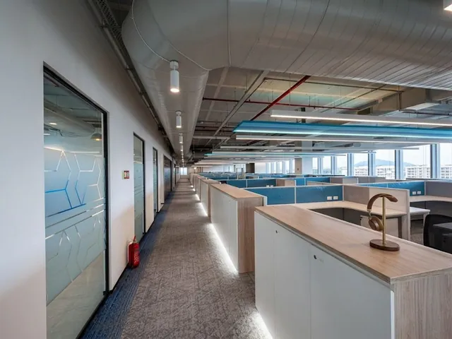 Open workstation floor with linear lighting and carpet tiles